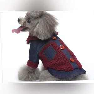 NWOT Size M Fashionable Blue Jean Dog Coat / Jacket w/ Burgundy Fleece Trim